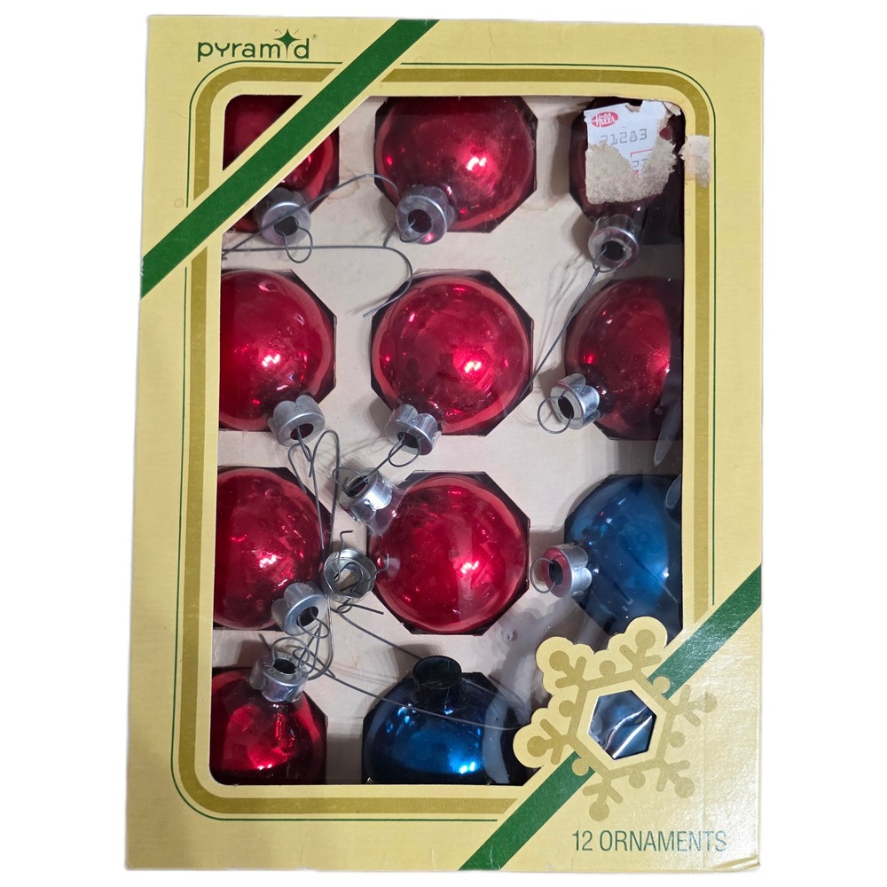 Vintage Pyramid‎ Decorative Christmas Ornaments Red & Blue Glass - 12 Piece